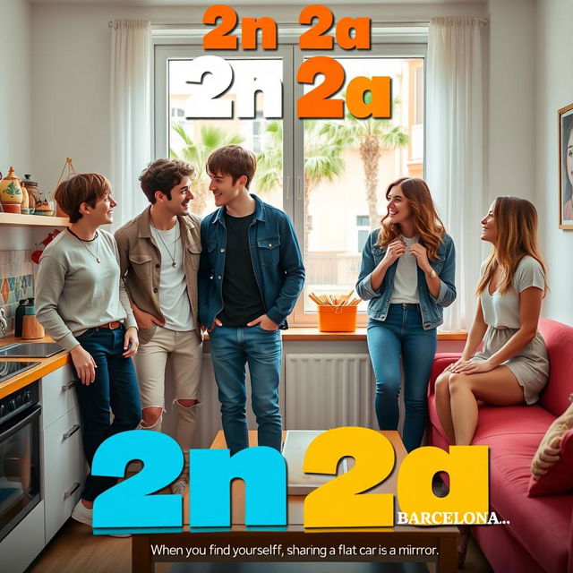 A humorous and vibrant sitcom scene set in a cozy flat in Barcelona, featuring two identical couples: two boys and two girls