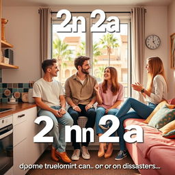A humorous and vibrant sitcom scene set in a cozy flat in Barcelona, featuring two identical couples: two boys and two girls