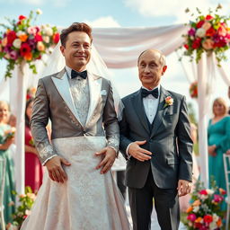 A whimsical and humorous scene depicting a man with distinctive features resembling Elon Musk, dressed in a lavish bridal gown complete with intricate lace and a flowing veil, standing at an altar