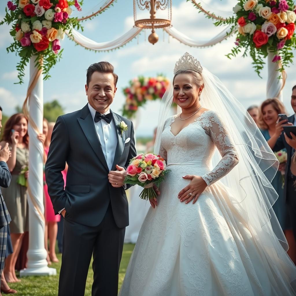 A whimsical and humorous scene depicting a man with distinctive features resembling Elon Musk, dressed in a lavish bridal gown complete with intricate lace and a flowing veil, standing at an altar