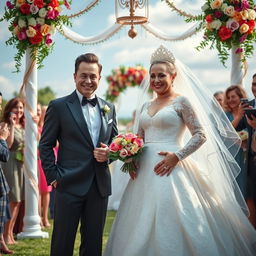 A whimsical and humorous scene depicting a man with distinctive features resembling Elon Musk, dressed in a lavish bridal gown complete with intricate lace and a flowing veil, standing at an altar