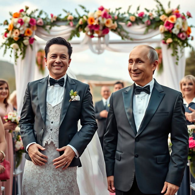 A whimsical and humorous scene depicting a man with distinctive features resembling Elon Musk, dressed in a lavish bridal gown complete with intricate lace and a flowing veil, standing at an altar