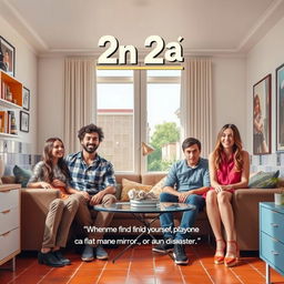 A lively sitcom setting featuring two identical couples, comprising two boys and two girls, sharing a modern flat in vibrant Barcelona