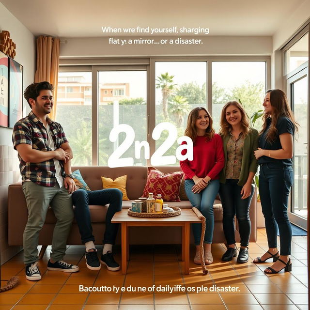 A lively sitcom setting featuring two identical couples, comprising two boys and two girls, sharing a modern flat in vibrant Barcelona