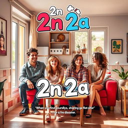 A lively sitcom setting featuring two identical couples, comprising two boys and two girls, sharing a modern flat in vibrant Barcelona