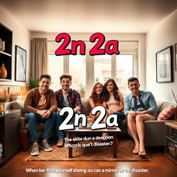A lively sitcom setting featuring two identical couples, comprising two boys and two girls, sharing a modern flat in vibrant Barcelona