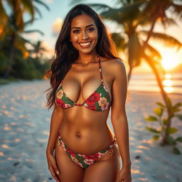 A beautiful Tahitian woman with long dark hair and a radiant smile, standing on a sandy beach surrounded by lush tropical flora