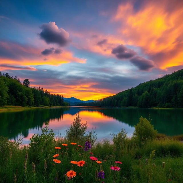 A beautiful and serene landscape at sunset, featuring a picturesque lake reflecting the vibrant colors of the sky, surrounded by lush green trees and a silhouette of mountains in the background