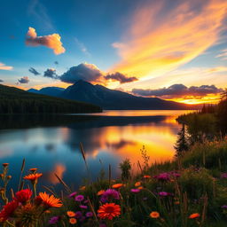 A beautiful and serene landscape at sunset, featuring a picturesque lake reflecting the vibrant colors of the sky, surrounded by lush green trees and a silhouette of mountains in the background