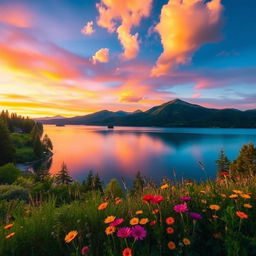 A beautiful and serene landscape at sunset, featuring a picturesque lake reflecting the vibrant colors of the sky, surrounded by lush green trees and a silhouette of mountains in the background