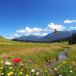 A serene landscape featuring a sprawling meadow filled with colorful wildflowers under a clear blue sky, with distant mountains partially covered in pine trees
