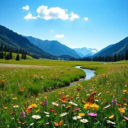 A serene landscape featuring a sprawling meadow filled with colorful wildflowers under a clear blue sky, with distant mountains partially covered in pine trees