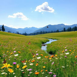 A serene landscape featuring a sprawling meadow filled with colorful wildflowers under a clear blue sky, with distant mountains partially covered in pine trees