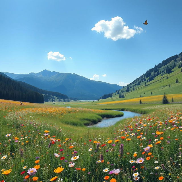 A serene landscape featuring a sprawling meadow filled with colorful wildflowers under a clear blue sky, with distant mountains partially covered in pine trees