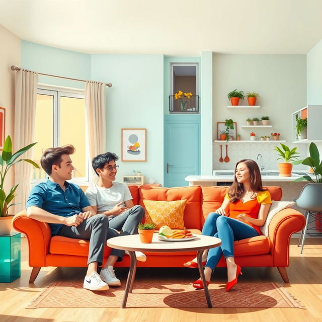 A vibrant and humorous sitcom scene featuring two identical couples, each pair consisting of a boy and a girl, living together in a stylish flat in Barcelona