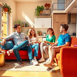 A vibrant and humorous sitcom scene featuring two identical couples, each pair consisting of a boy and a girl, living together in a stylish flat in Barcelona