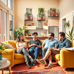 A vibrant and humorous sitcom scene featuring two identical couples, each pair consisting of a boy and a girl, living together in a stylish flat in Barcelona