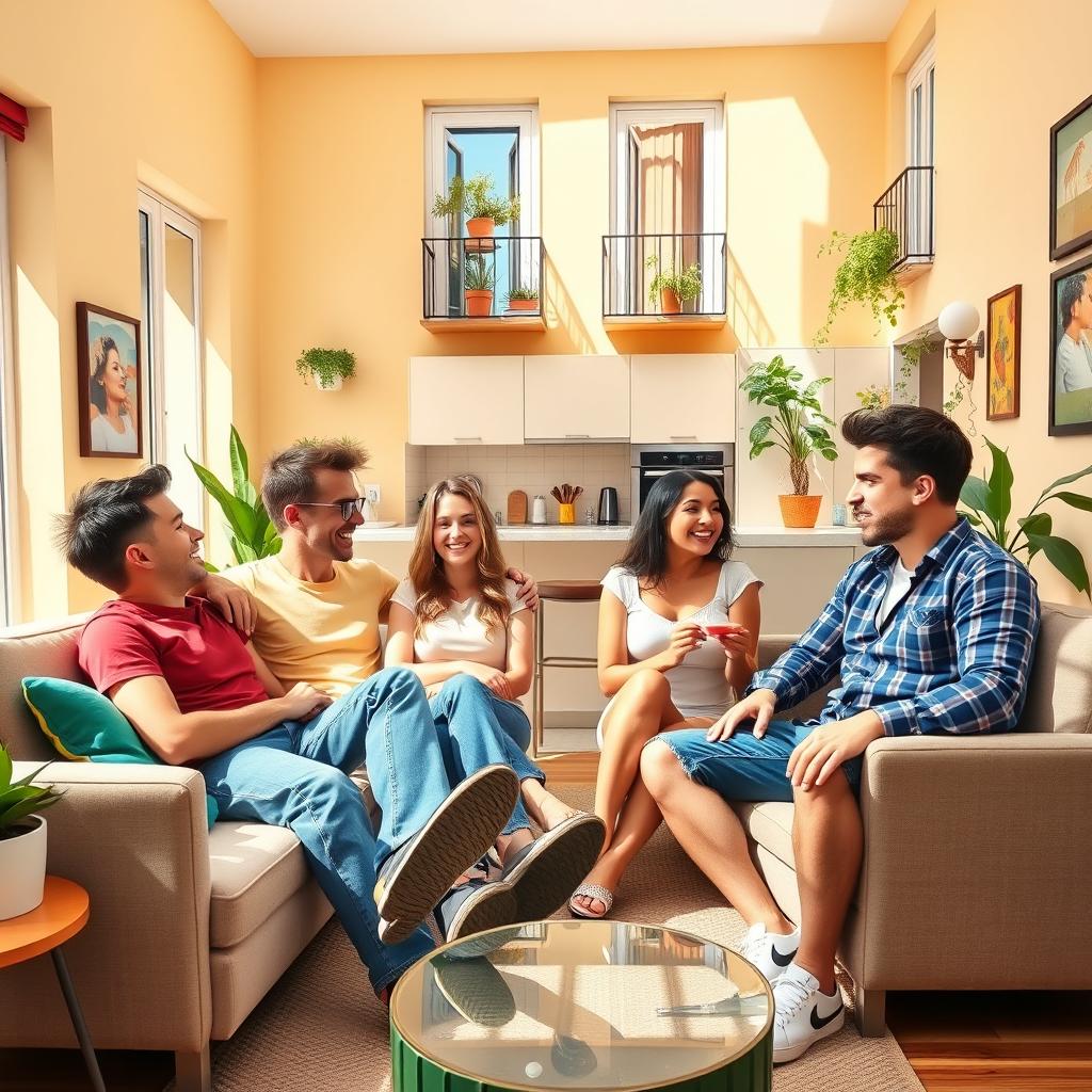 A vibrant and humorous sitcom scene featuring two identical couples, each pair consisting of a boy and a girl, living together in a stylish flat in Barcelona