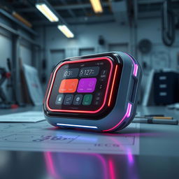 A sleek and modern prototype of a cutting-edge tech gadget, featuring a compact design with smooth curves, a glossy finish, and vibrant LED accents
