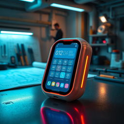 A sleek and modern prototype of a cutting-edge tech gadget, featuring a compact design with smooth curves, a glossy finish, and vibrant LED accents