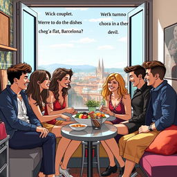 A comedic scene depicting two identical couples, both consisting of two boys and two girls, living together in a vibrant flat in Barcelona
