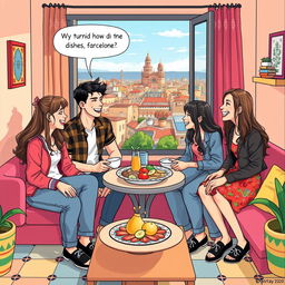 A comedic scene depicting two identical couples, both consisting of two boys and two girls, living together in a vibrant flat in Barcelona