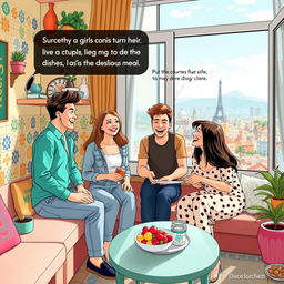 A comedic scene depicting two identical couples, both consisting of two boys and two girls, living together in a vibrant flat in Barcelona