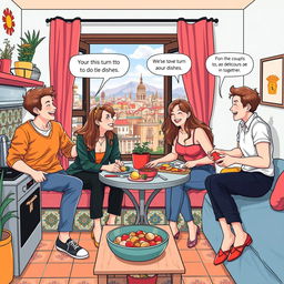 A comedic scene depicting two identical couples, both consisting of two boys and two girls, living together in a vibrant flat in Barcelona