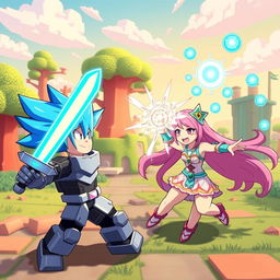 An exciting scene featuring Roblox-style anime characters engaged in an epic battle in a vibrant, blocky world