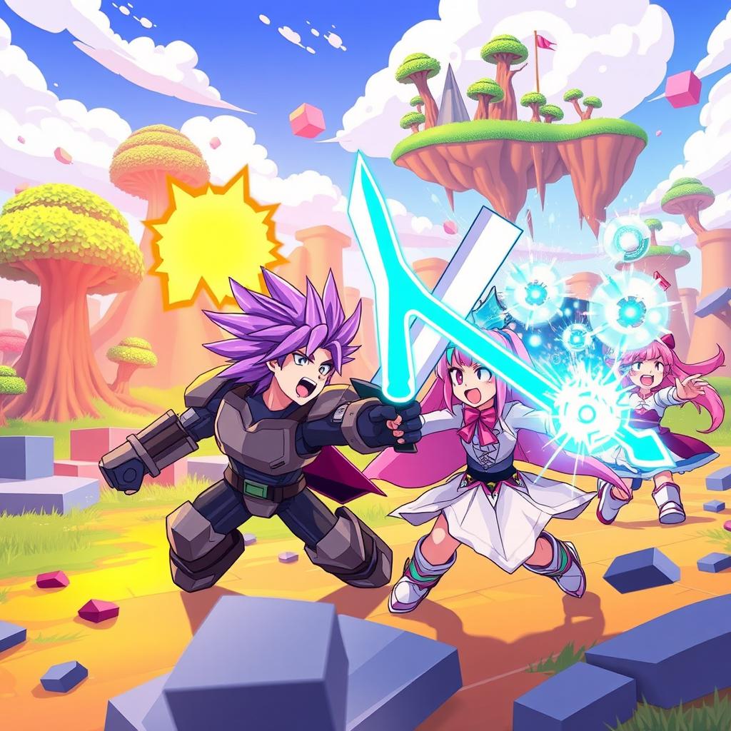 An exciting scene featuring Roblox-style anime characters engaged in an epic battle in a vibrant, blocky world