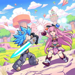 An exciting scene featuring Roblox-style anime characters engaged in an epic battle in a vibrant, blocky world