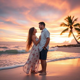 A romantic couple standing on a beautiful sandy beach at sunset