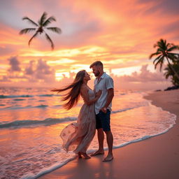 A romantic couple standing on a beautiful sandy beach at sunset