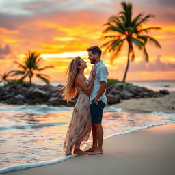 A romantic couple standing on a beautiful sandy beach at sunset