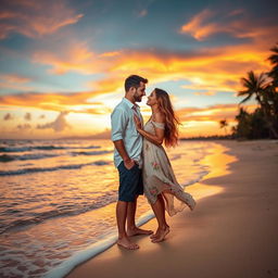 A romantic couple standing on a beautiful sandy beach at sunset