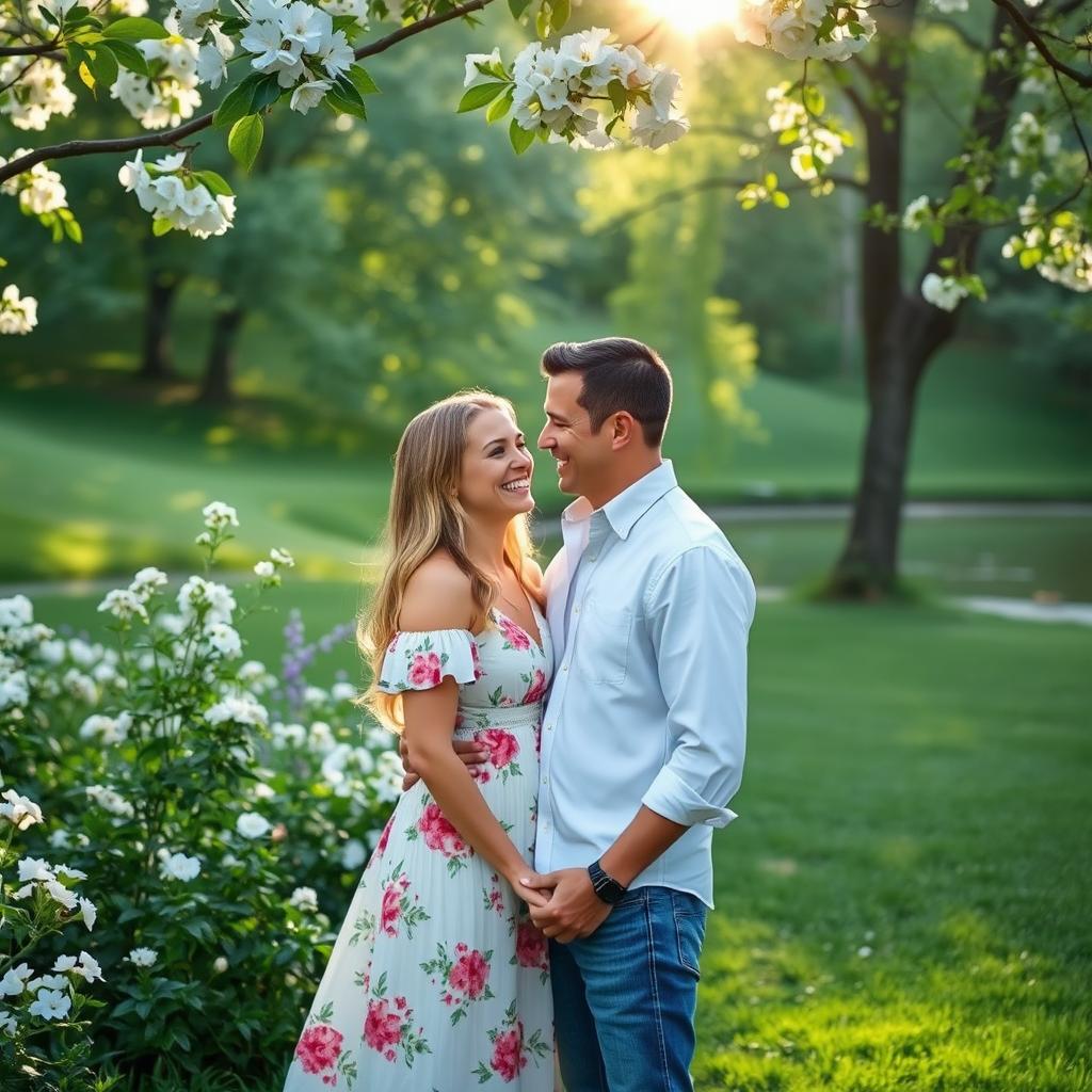 A romantic couple posing together in a lush green park, surrounded by blooming flowers and soft sunlight filtering through the leaves