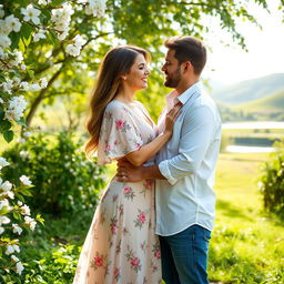 A romantic couple posing together in a lush green park, surrounded by blooming flowers and soft sunlight filtering through the leaves