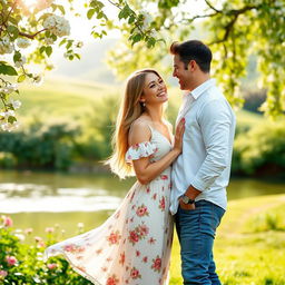 A romantic couple posing together in a lush green park, surrounded by blooming flowers and soft sunlight filtering through the leaves
