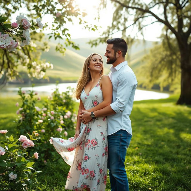 A romantic couple posing together in a lush green park, surrounded by blooming flowers and soft sunlight filtering through the leaves