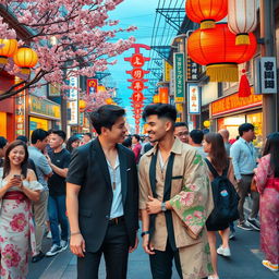 A vibrant and artistic representation of gay culture in Japan, featuring a variety of scenes showcasing diversity and celebration