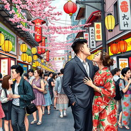 A vibrant and artistic representation of gay culture in Japan, featuring a variety of scenes showcasing diversity and celebration