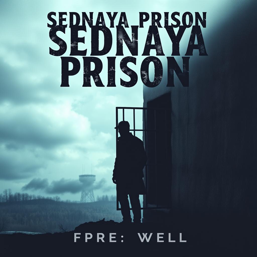 A haunting and atmospheric cover for a novel about Sednaya Prison, capturing the somber and oppressive mood of the environment
