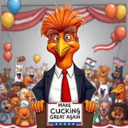 A humorous caricature of a chicken with exaggerated features representing Donald Trump
