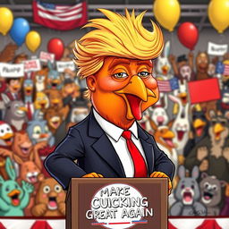 A humorous caricature of a chicken with exaggerated features representing Donald Trump