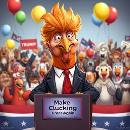 A humorous caricature of a chicken with exaggerated features representing Donald Trump