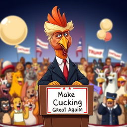 A humorous caricature of a chicken with exaggerated features representing Donald Trump