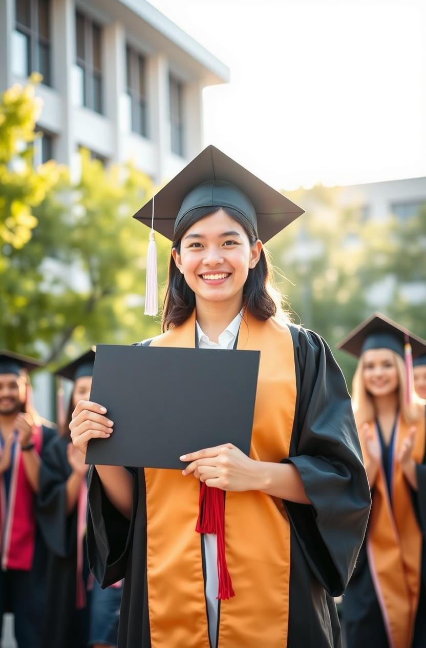 A joyful female graduate holding her diploma, wearing a black graduation gown with an orange sash and a mortarboard