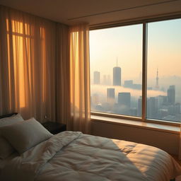 An image depicting a serene bedroom with a view of Tokyo in the morning
