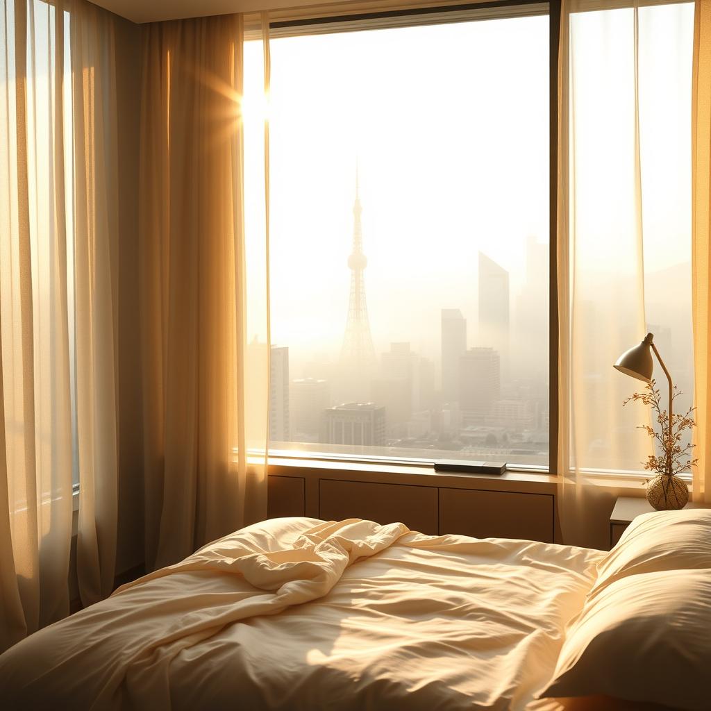 An image depicting a serene bedroom with a view of Tokyo in the morning