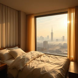 An image depicting a serene bedroom with a view of Tokyo in the morning